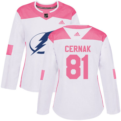 Adidas Tampa Bay Lightning #81 Erik Cernak White Pink Authentic Fashion Women Stitched NHL Jersey->women nhl jersey->Women Jersey